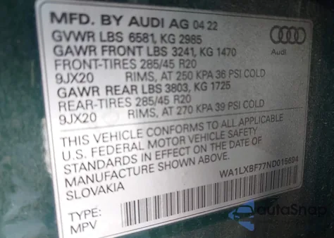 2022 Audi Q7 Premium Plus 55 Tfsi Quattro Tiptronic from USA, damaged, VIN WA1LXBF77ND015694
